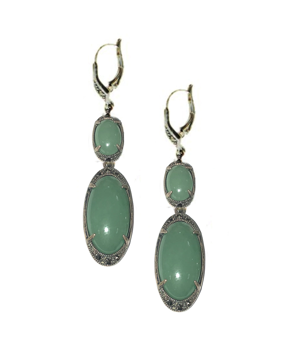 Boucles d'oreilles jade pendantes Empire en argent et marcassites