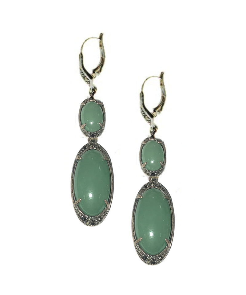 Empire jade earrings in silver and marcasites