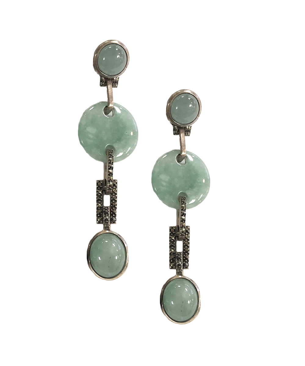 Boucles d'oreilles jade pendantes en argent et marcassites