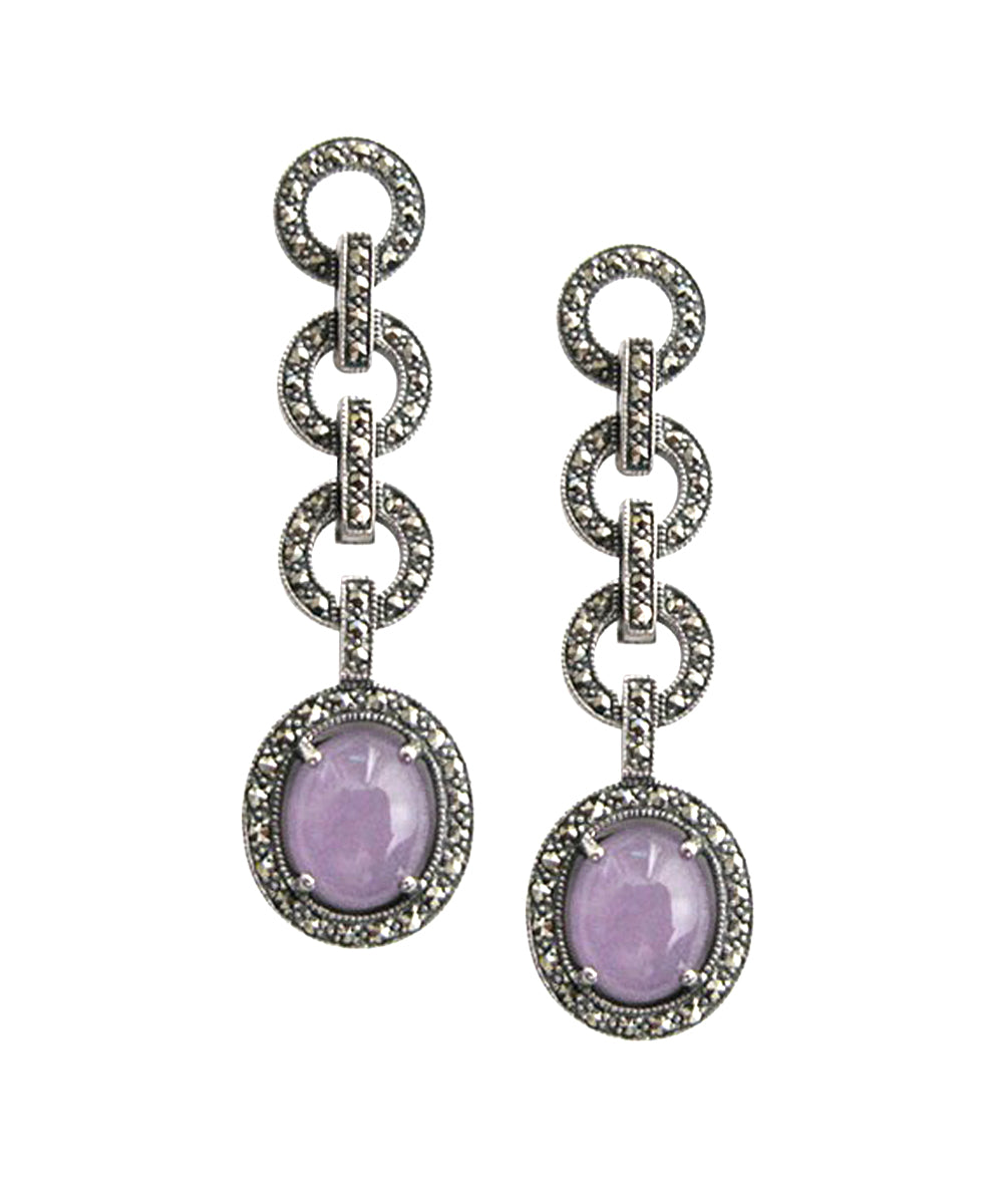 Boucles d'oreilles art déco cercles en jade lavender marcassites et argent