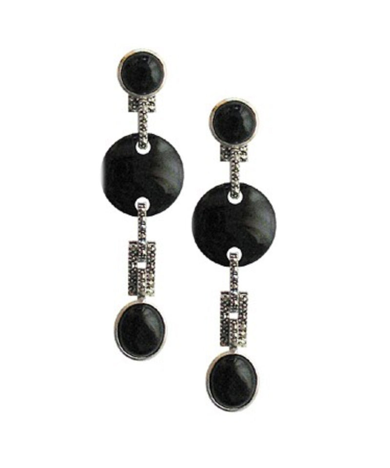Dangling onyx earrings in silver and marcasites