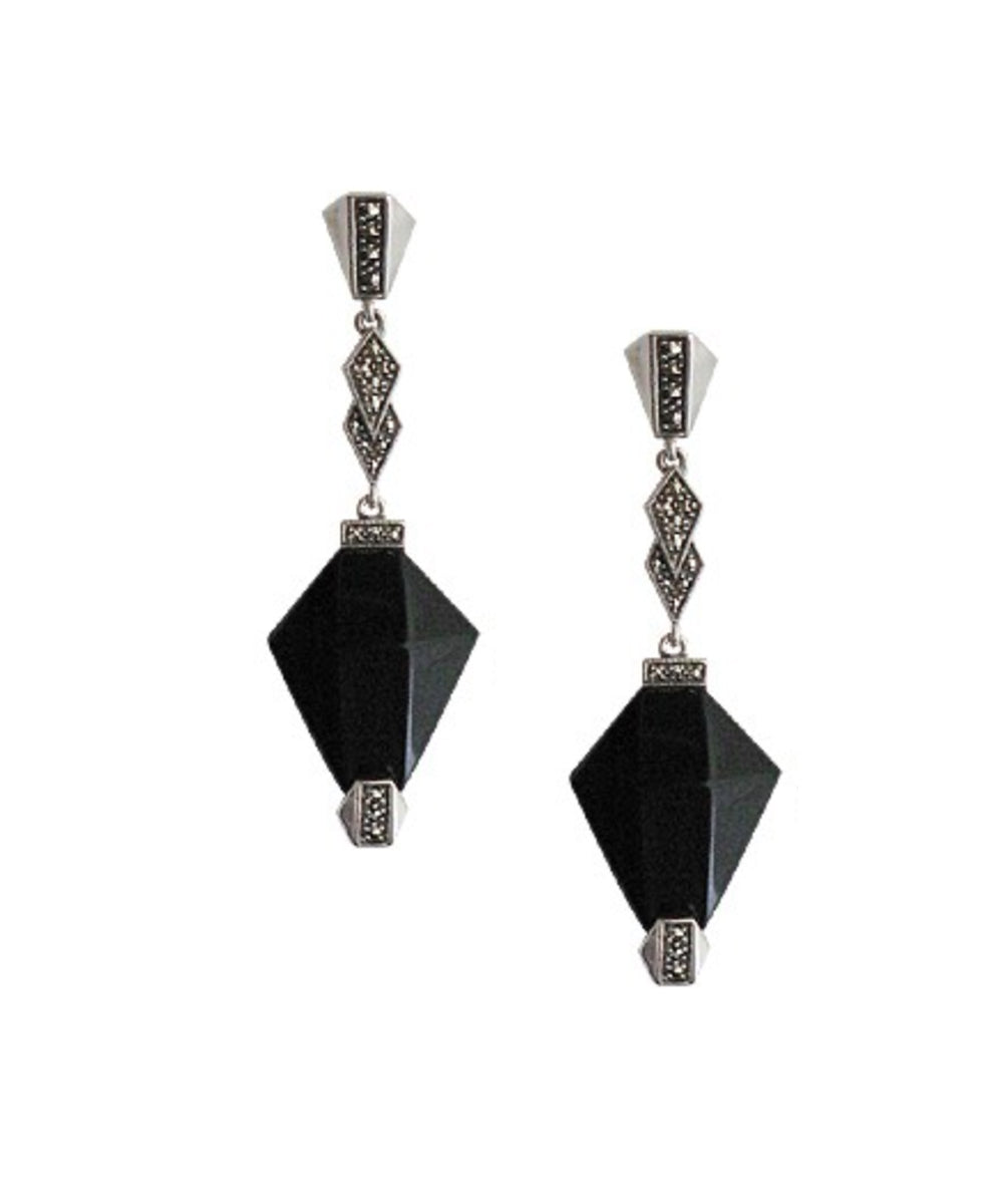 Boucles d'oreilles onyx pendantes losanges en argent et marcassites