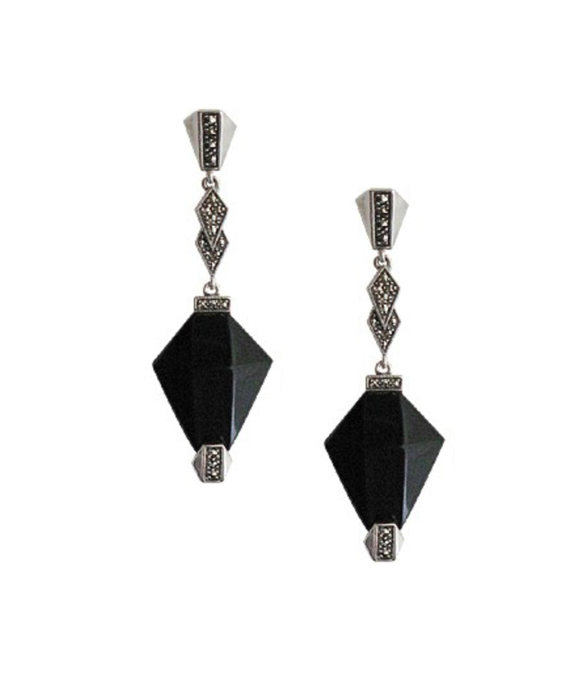 Onyx dangling diamond earrings in silver and marcasites