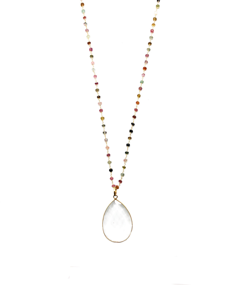 Collier pierres multi tourmalines,  pendentif cristal de roche