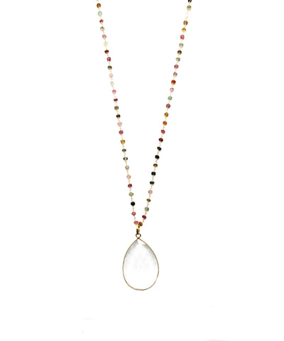 Multi-tourmaline stone necklace, rock crystal pendant