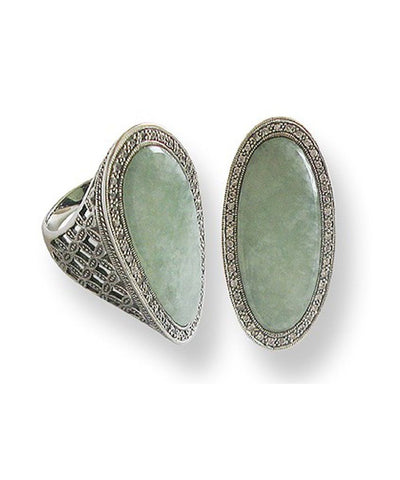 Elongated jade ring, silver and marcasite creator art deco