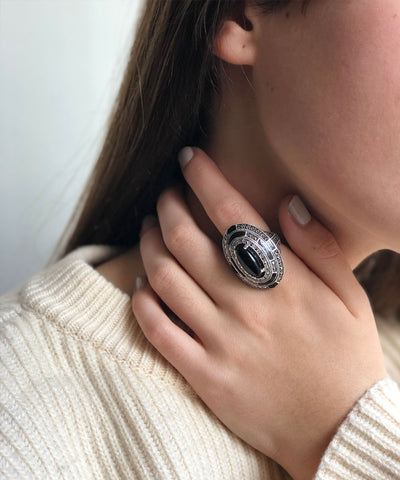 large oval onyx ring in silver and black enamel