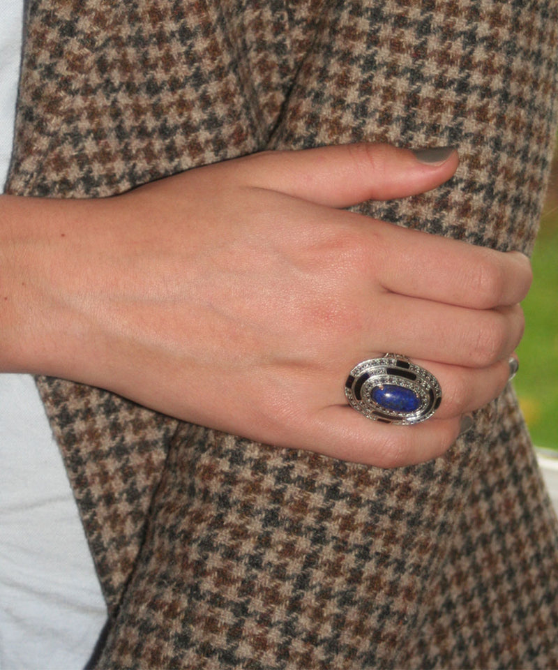 Large oval lapis lazuli, marcasite and silver ring in art deco style
