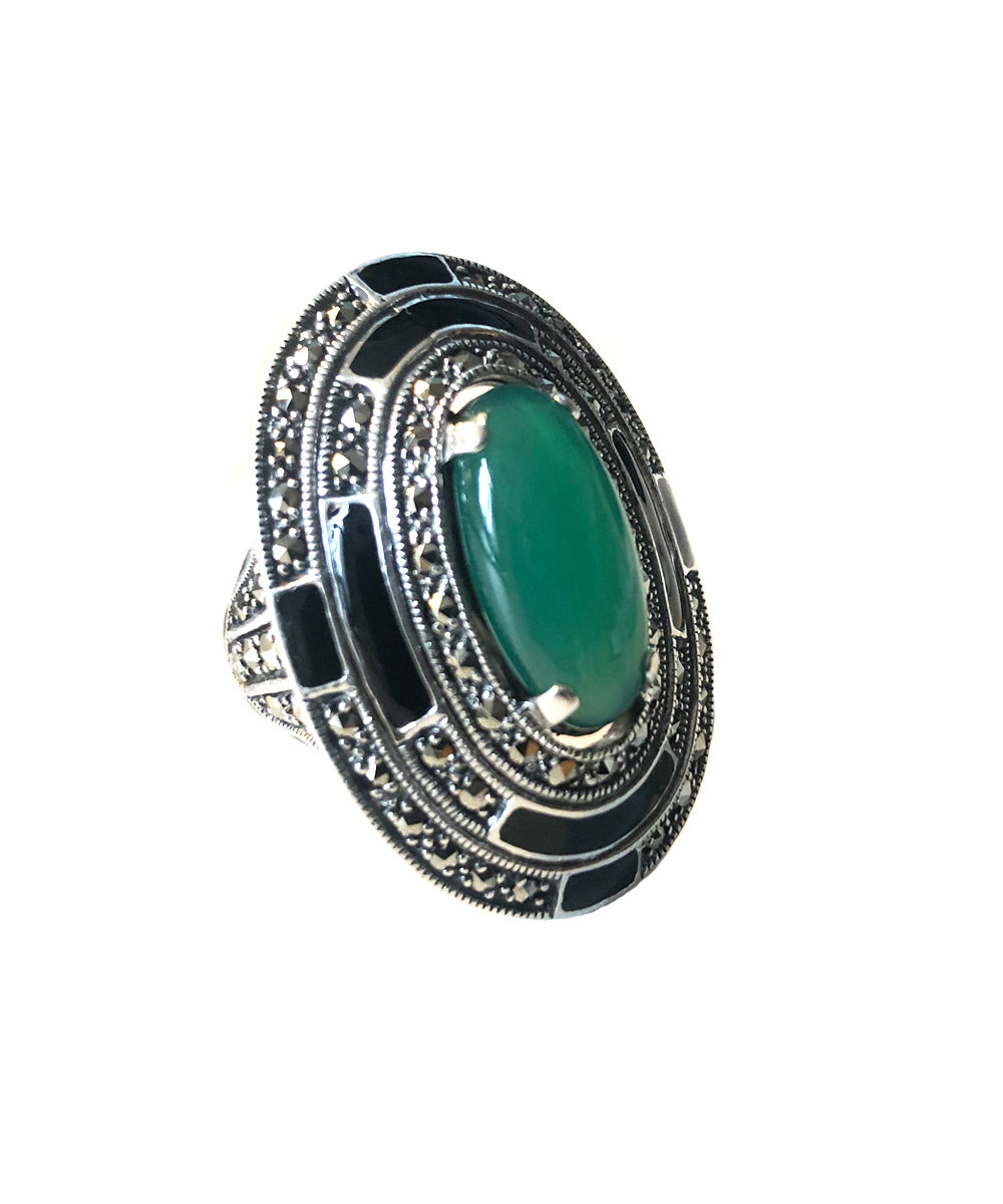 Grosse bague ovale agate verte, marcassites et argent