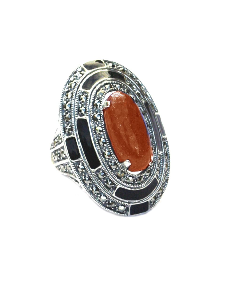 Grande Bague ovale en cornaline, marcassites en argent 925 chez