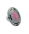 Large pink jade, marcasite and silver oval ring