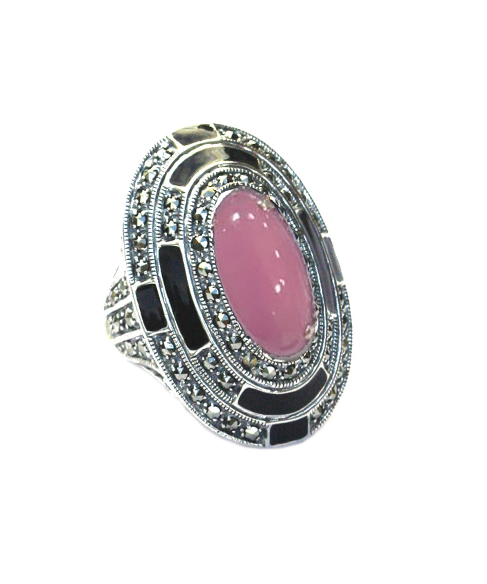 Grosse bague ovale jade rose, marcassites et argent