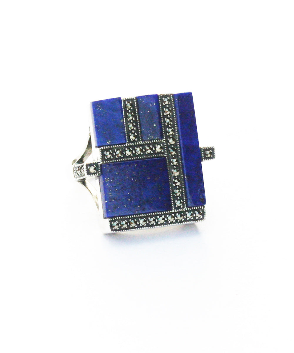 Bague lapis-lazuli marcassite et argent créateur art déco