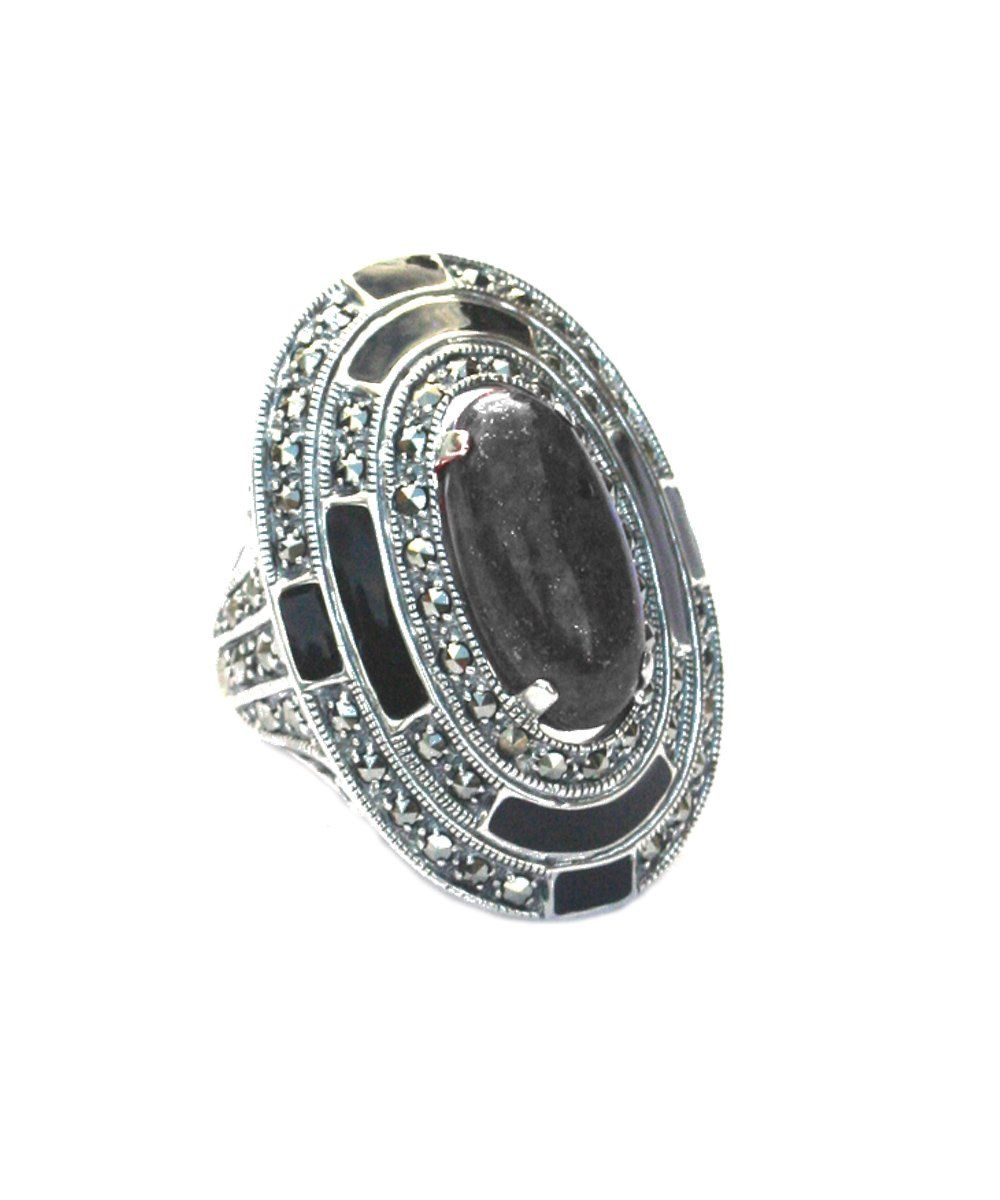 Bague onyx ovale en marcassites et argent créateur art déco