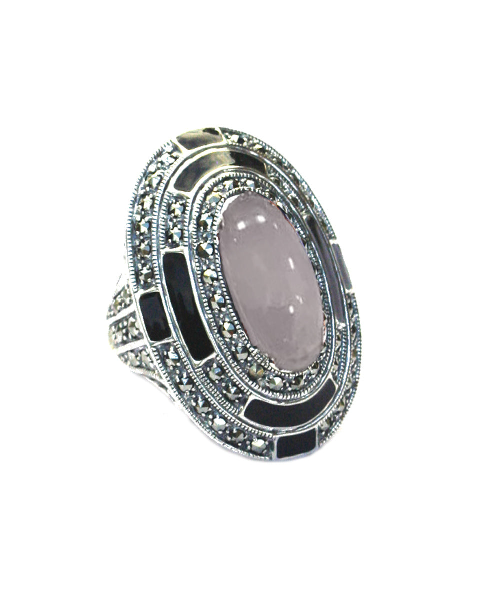 Grosse bague ovale quartz rose, marcassites et argent