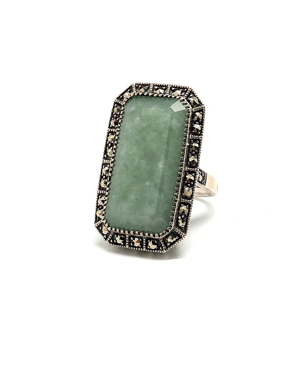 Bague jade rectangulaire en argent et marcassites créateur art déco