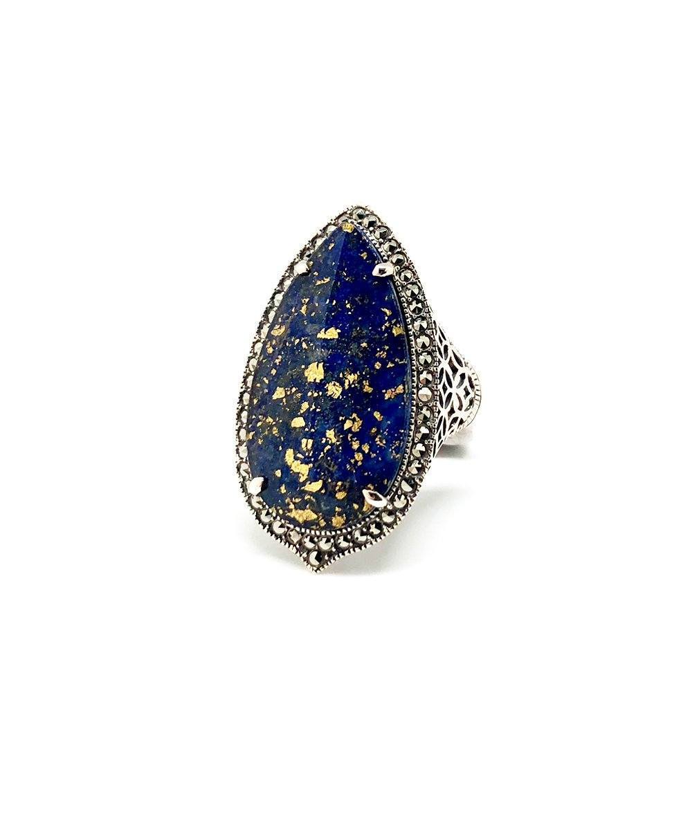 Bague lapis-lazuli ovale, marcassites et argent profil