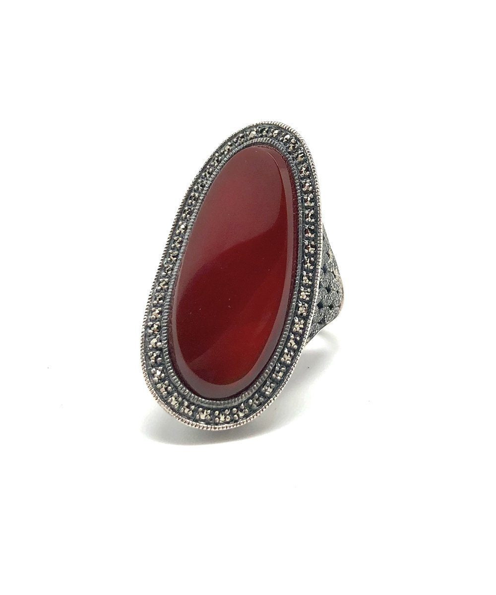 Bague cornaline allongée, argent et marcassite créateur art déco