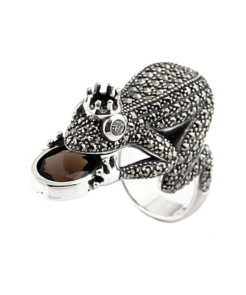 bague-grenouille-argent et quartz fumé art déco de créateur