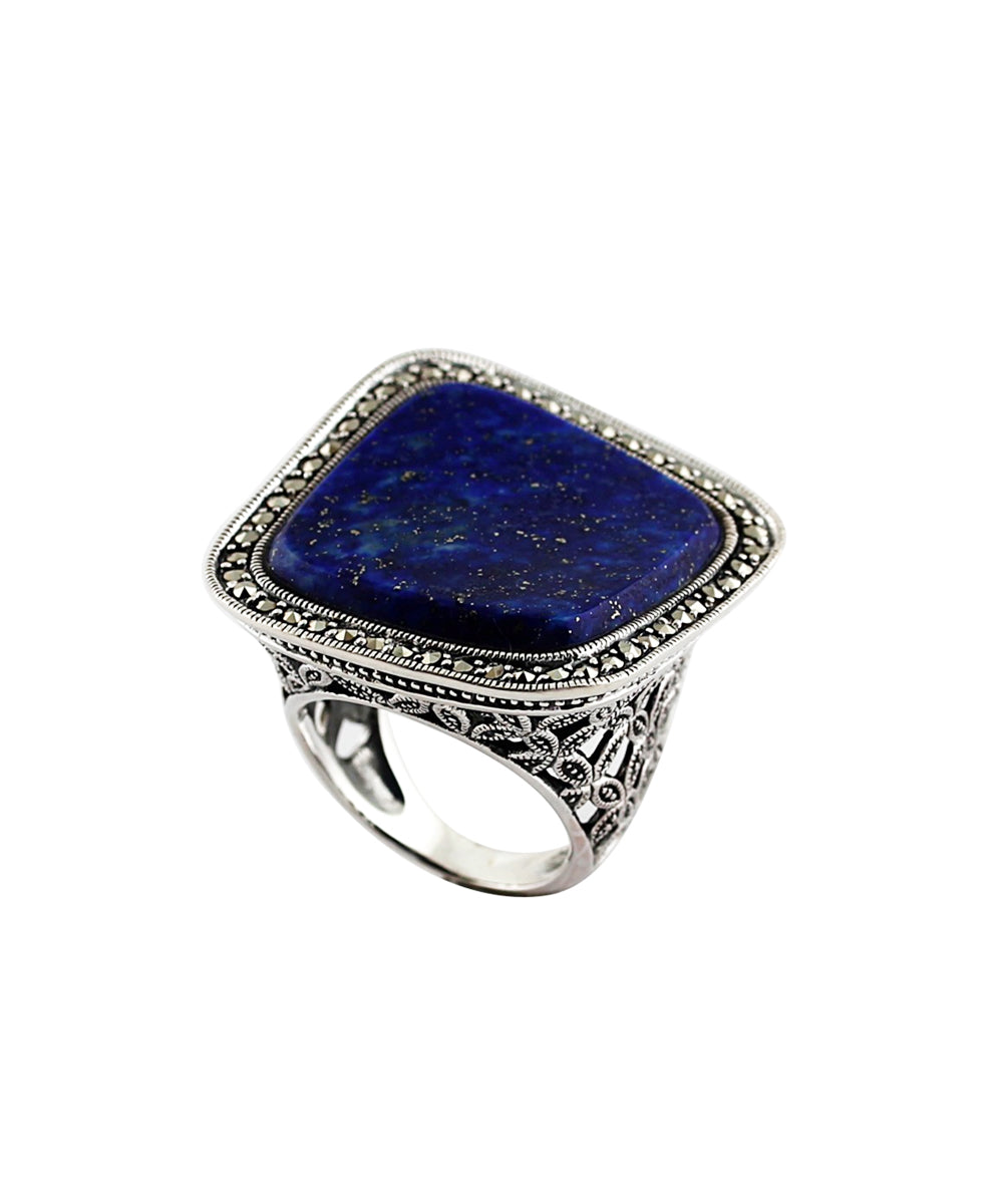Grosse bague en lapis lazuli carrée, argent et marcassites