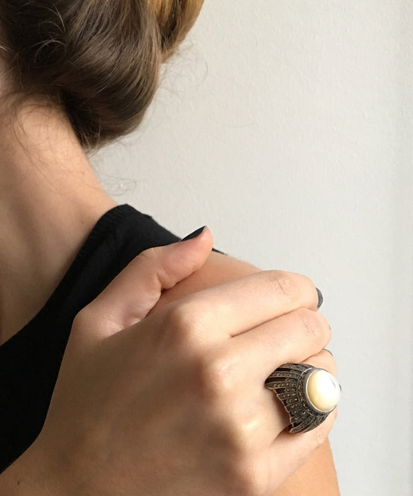 Bague En Argent Massif Avec Cabochon De Nacre Rose Ajourée - Taille 59, Occasion