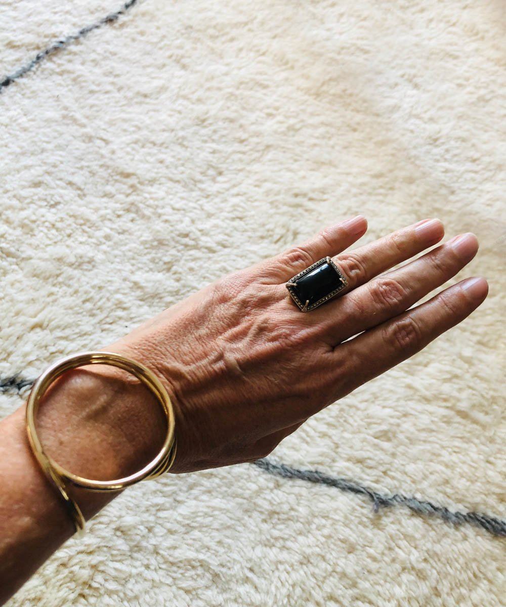 Large onyx rectangular art deco ring in silver and marcasites Metron