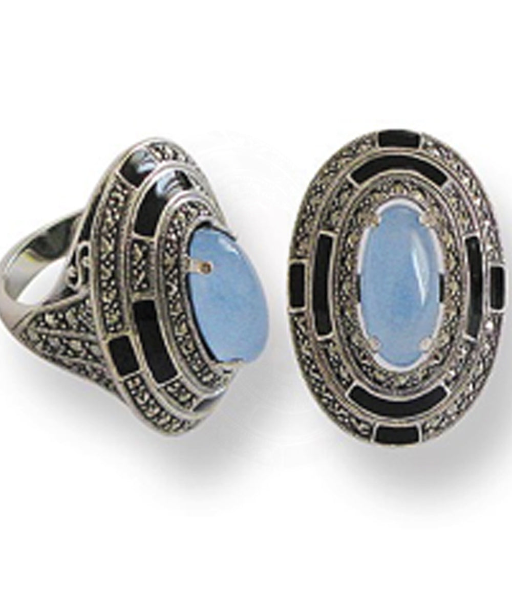Grosse bague ovale jade bleu, marcassites, émail et argent