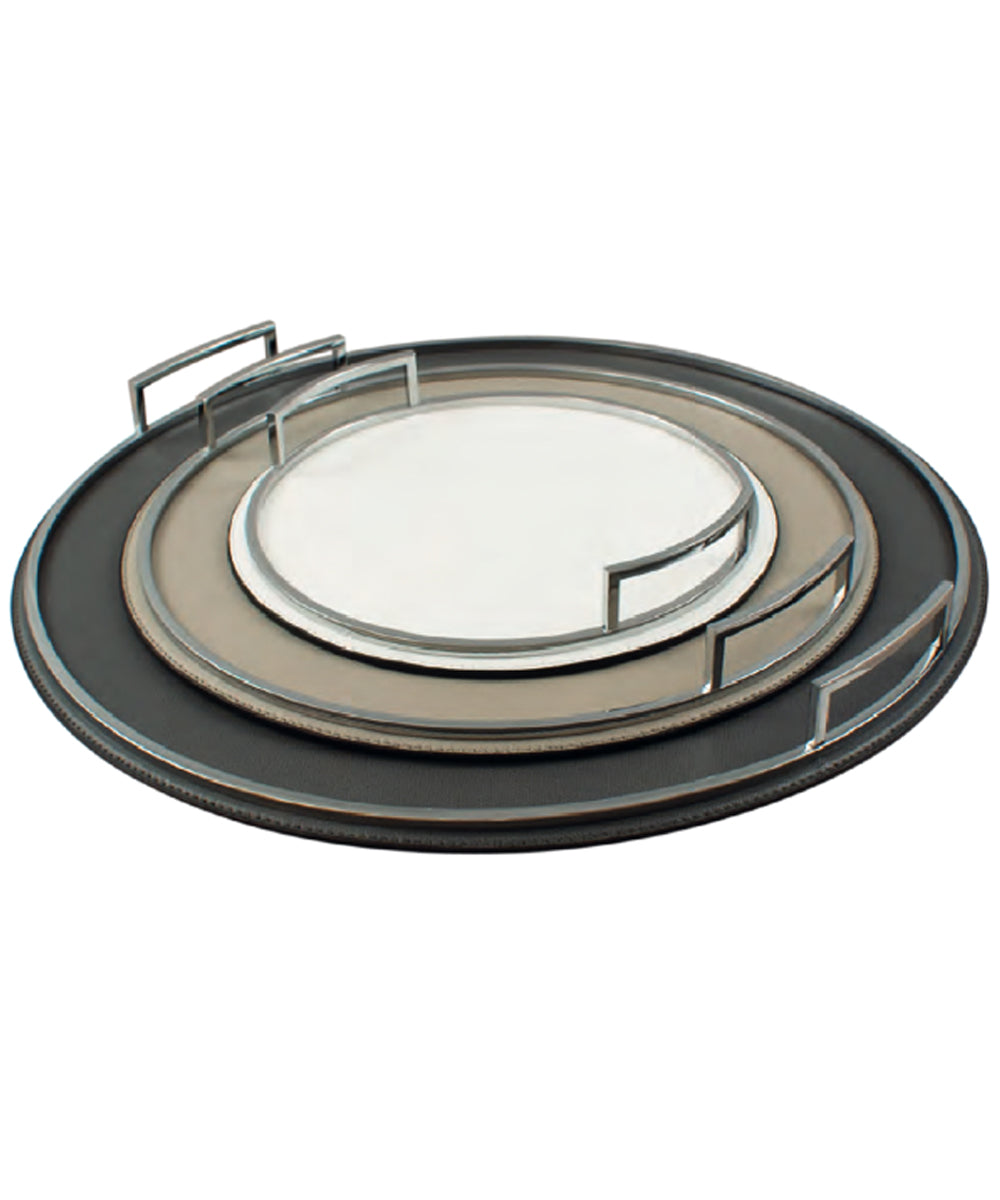 Plateau rond plat en cuir et chrome sur mesure
