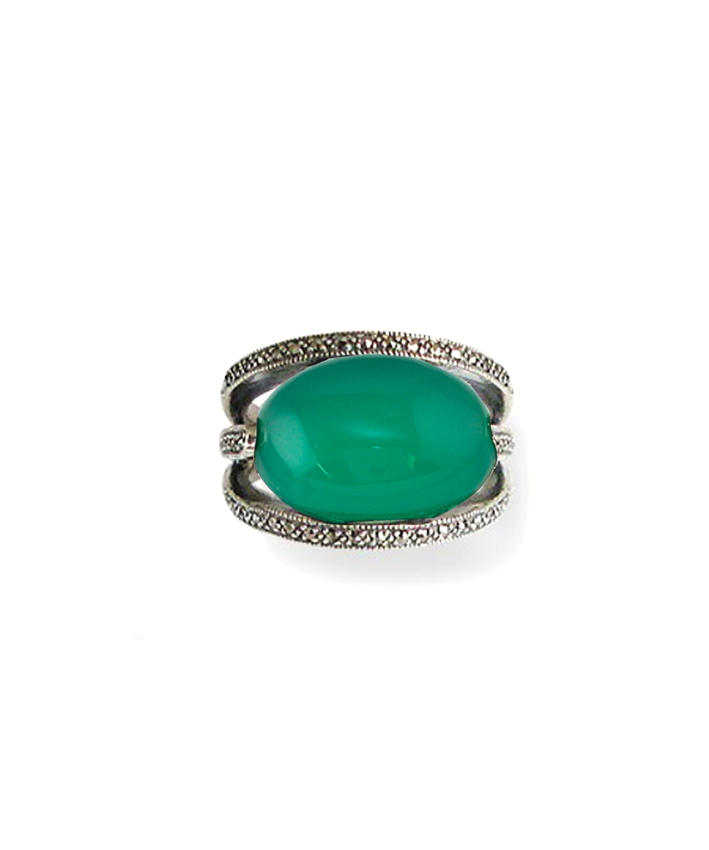 Bague agate verte art déco ovale en argent 925 et marcassites