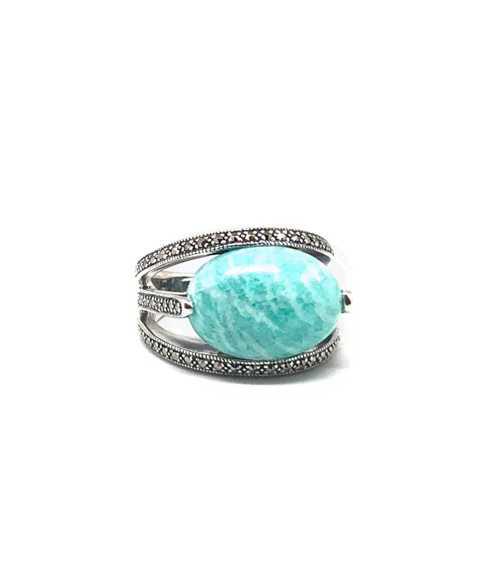 Bague amazonite art déco ovale en argent 925 et marcassites