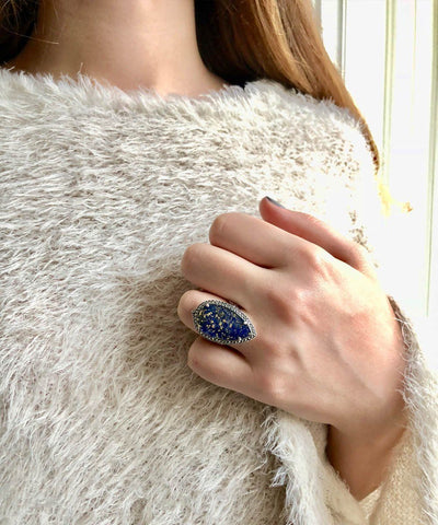 Oval lapis lazuli ring, marcasites and silver