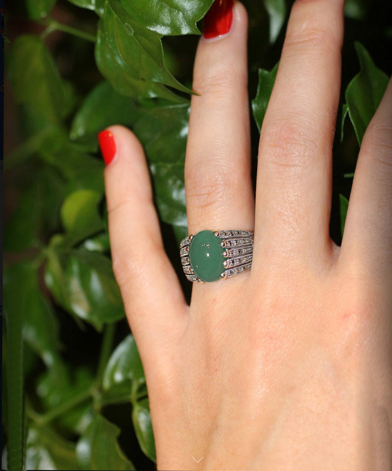 Art deco green agate ring in 925 silver and marcasites
