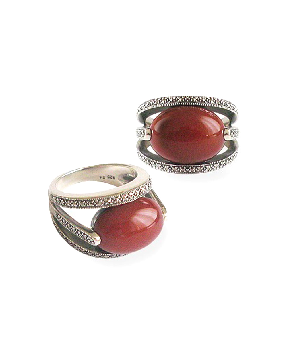 Bague cornaline art déco ovale en argent 925 et marcassites