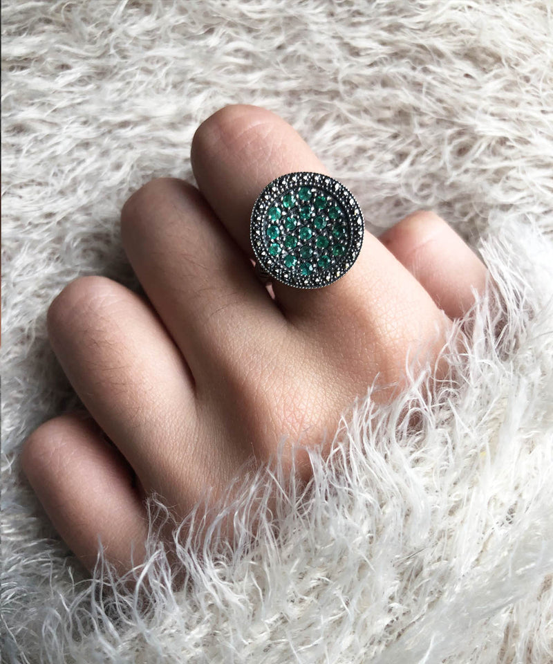 Emerald round ring, silver and marcasite creator art deco