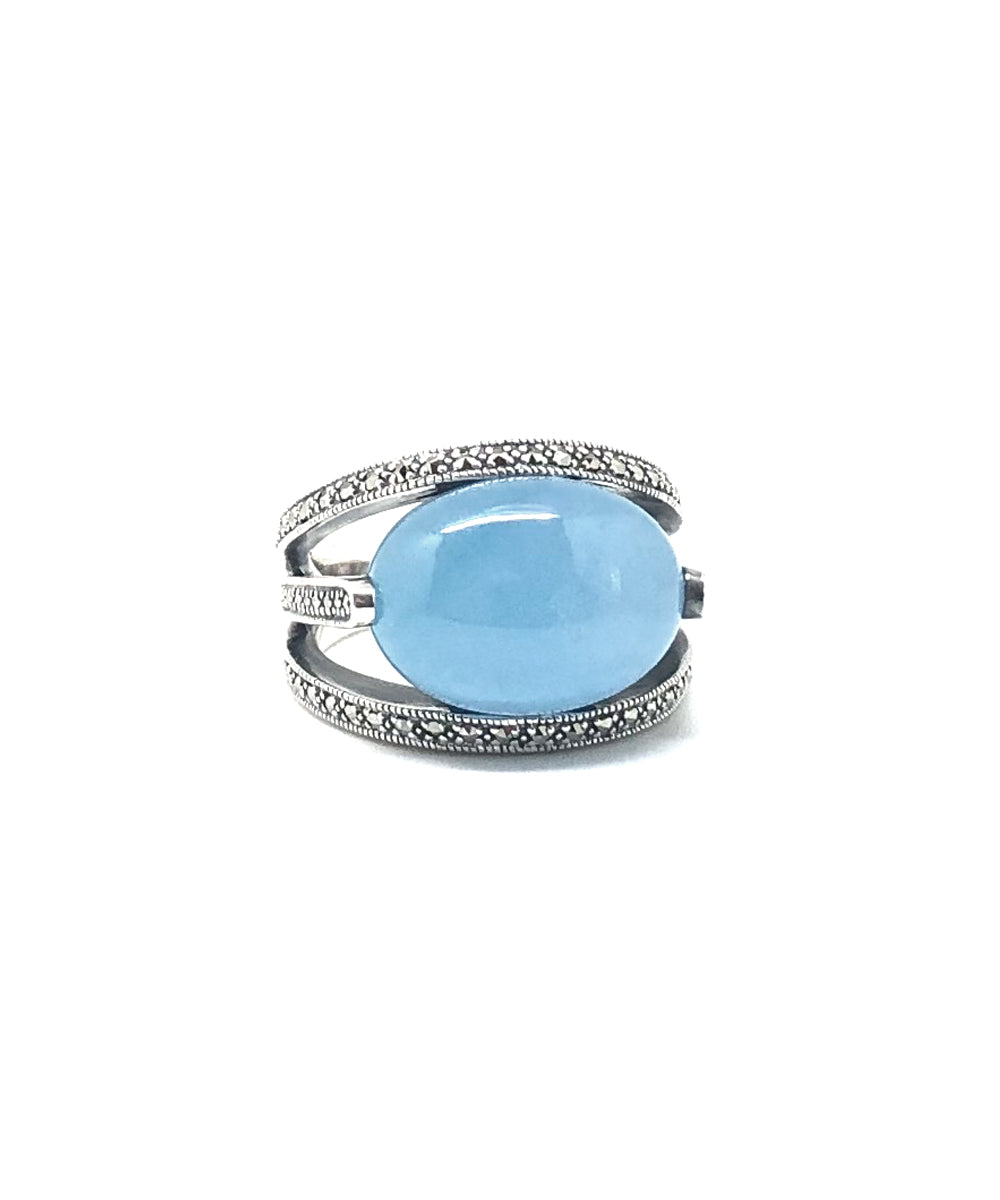 Bague jade bleu art déco ovale en argent 925 et marcassites