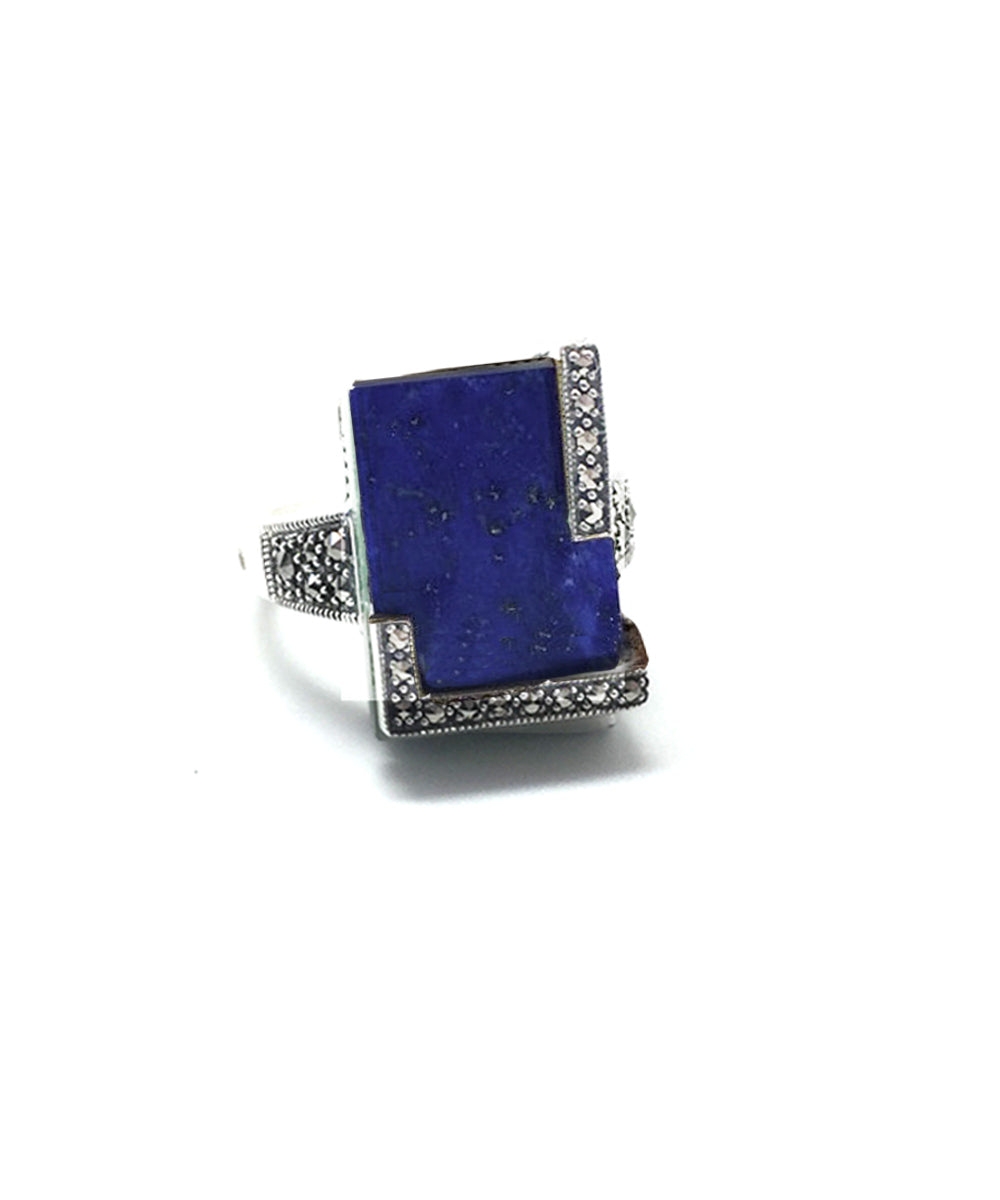 Bague art déco lapis lazuli, argent et marcassite
