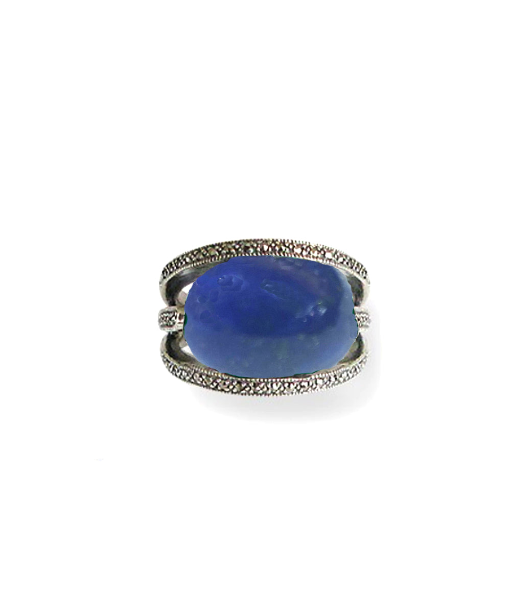 Bague lapis lazuli art déco ovale en argent 925 et marcassites