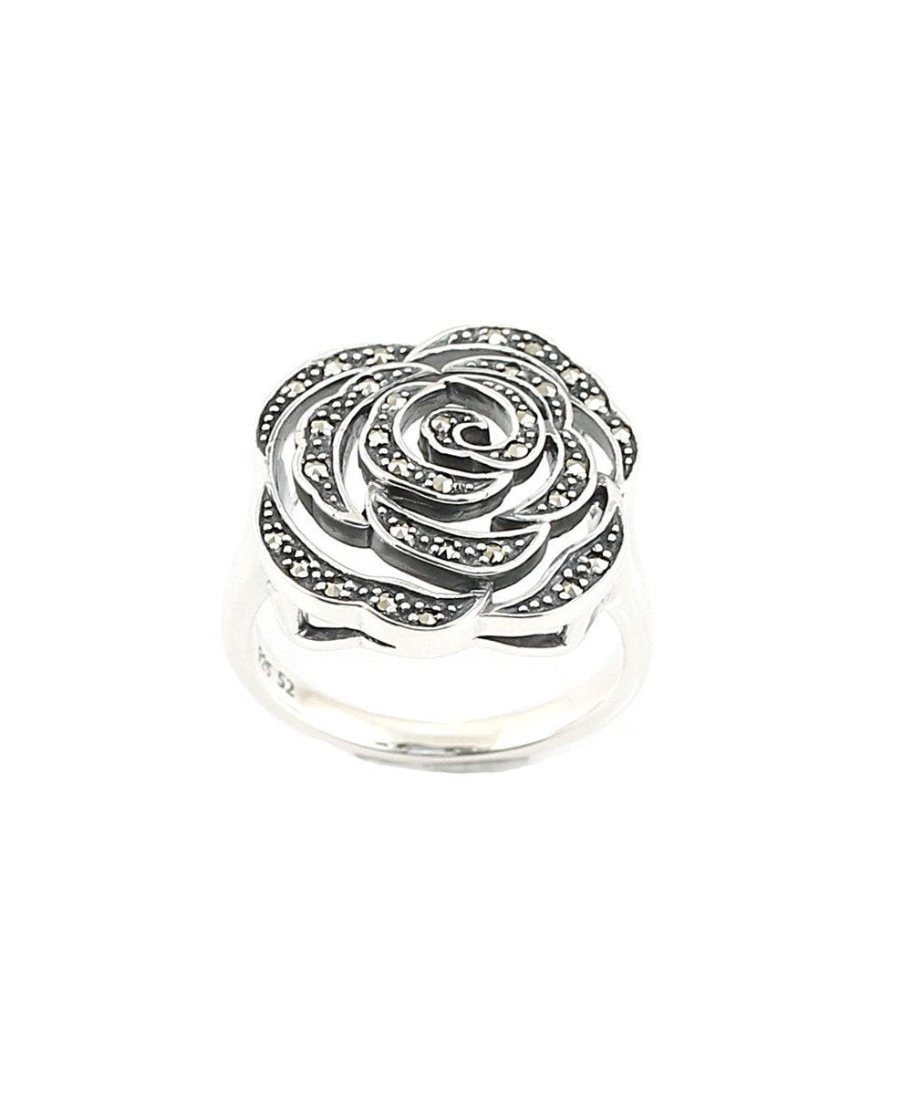 Bague fleur rose en argent et marcassites créateur art déco