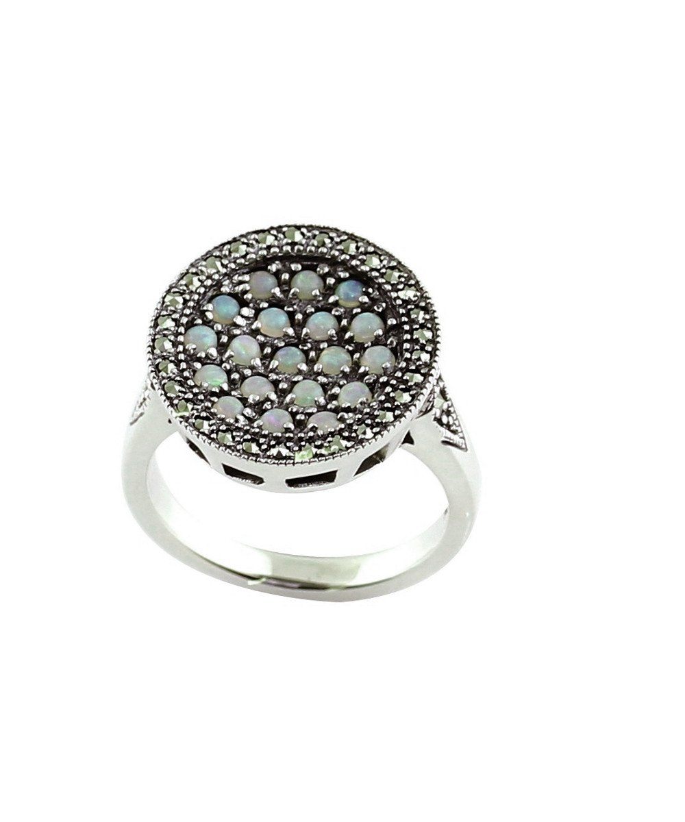 Bague ronde opales, argent et marcassites créateur art deco
