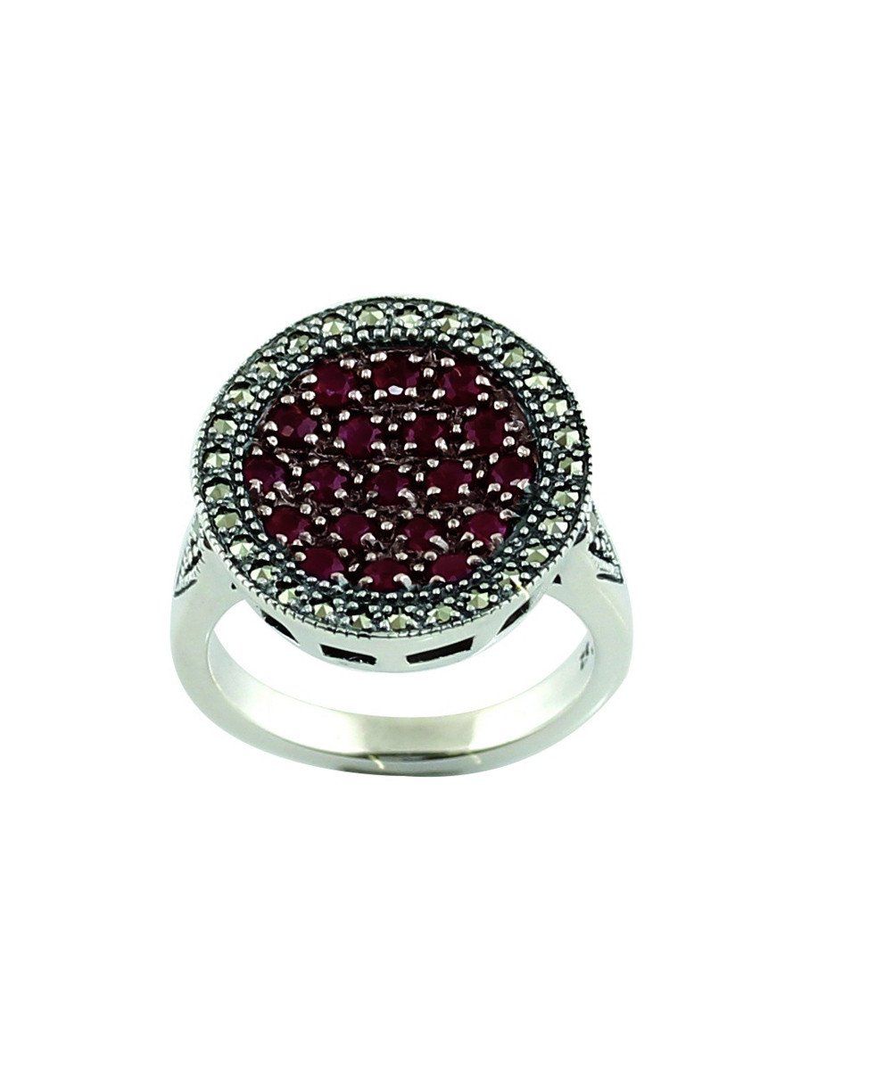 Bague ronde rubis, argent et marcassites créateur art deco