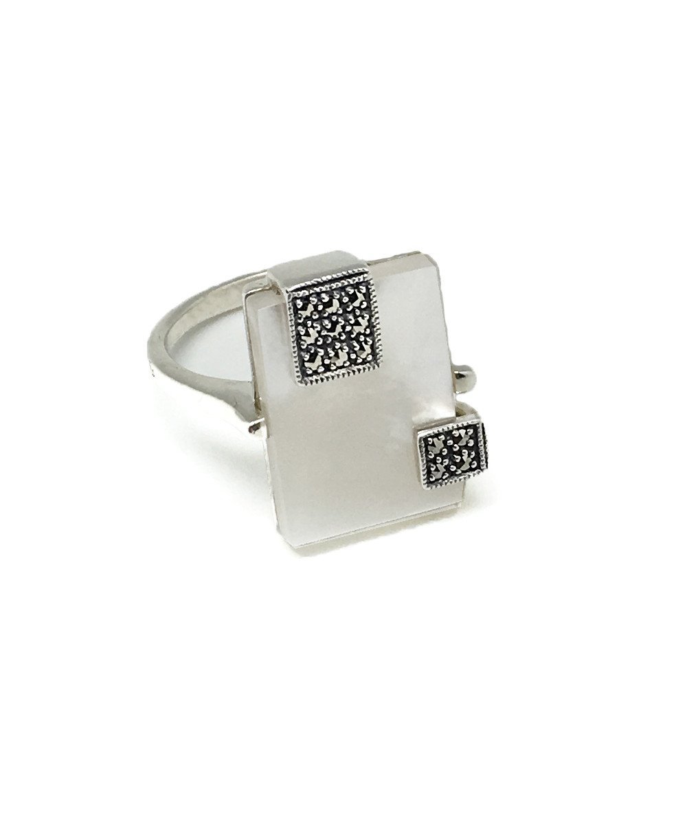 Bague rectangle nacre argent et marcassite créateur art déco