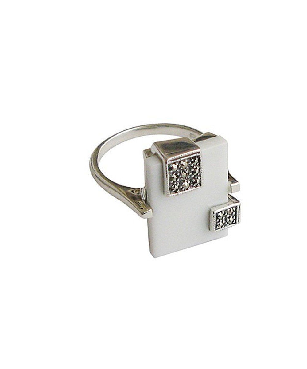 Bague rectangle agate blanche en argent et marcassites créateur art déco