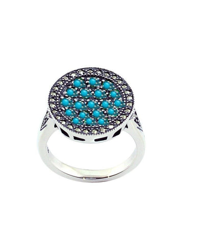 Turquoise, silver and marcasite round ring creator art deco