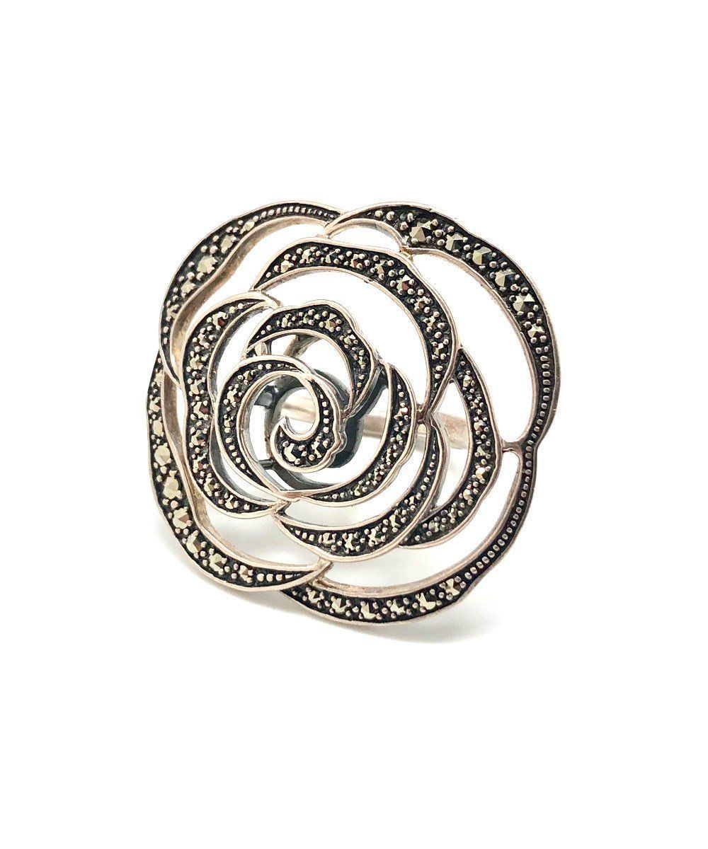 Grosse bague Camelia argent et marcassites créateur art déco