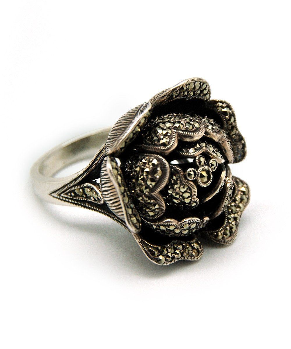 grosse-bague-fleur-art déco-argent-et-marcassites-créateur