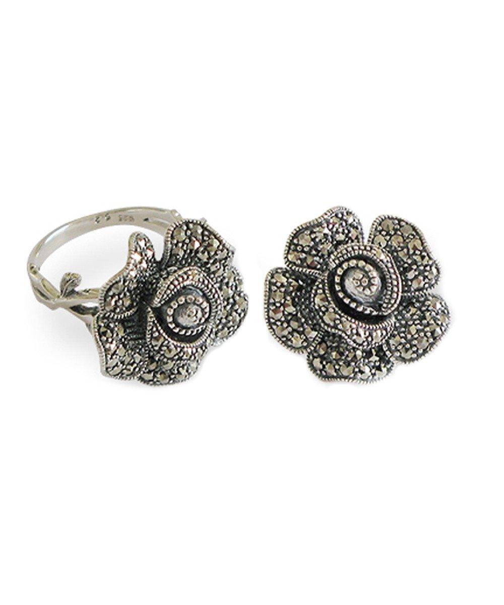 Bague fleur argent et marcassites créateur art déco