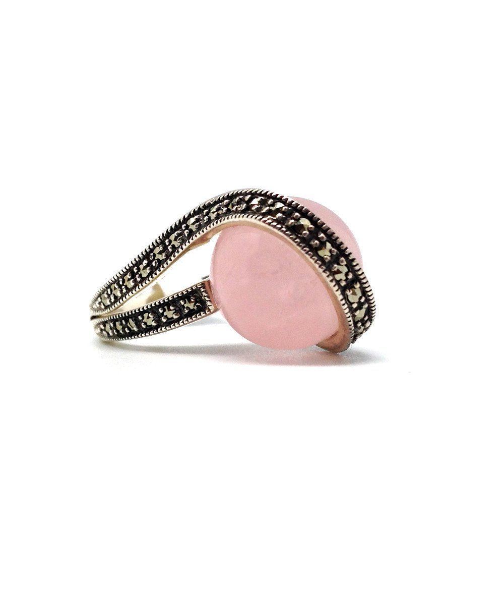 Bague boule en quartz rose, argent et marcassite créateur art déco