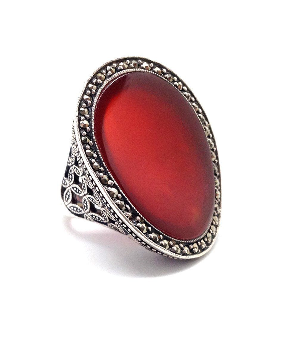 grosse-bague-cabochon-en-cornaline-argent-et-marcassites art déco