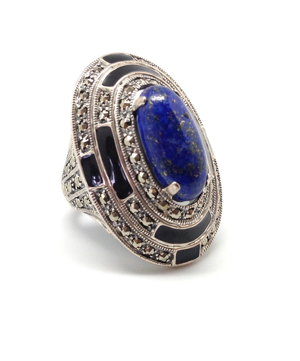 Bague ovale lapis-lazuli, marcassites et argent créateur art déco