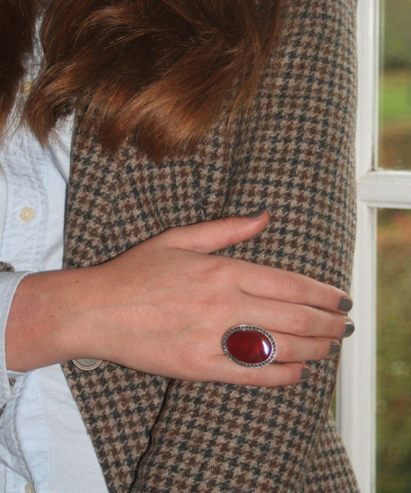 Large carnelian cabochon ring, silver and marcasitesstyle art deco